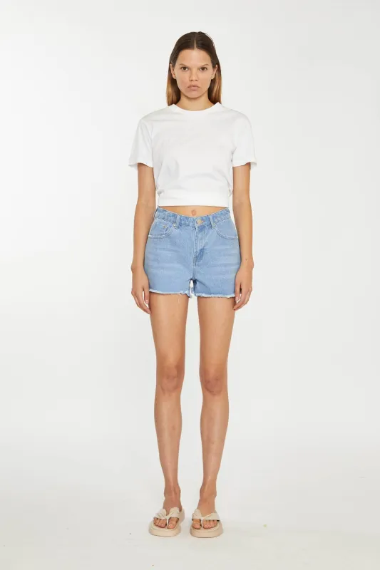 Bleach-Blue Frayed Hem Denim Shorts sold by Glamorous