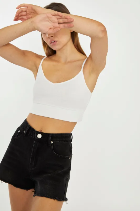 Black-Wash Frayed Edge Denim Shorts sold by Glamorous