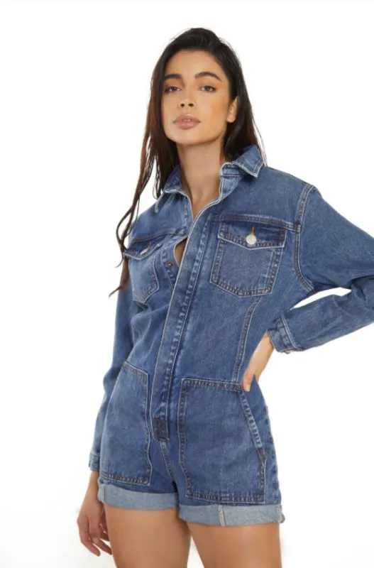 Glamorous Womens Mid Stonewash Denim Playsuit made by Glamorous