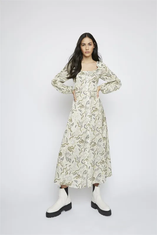 Stone-Sun-Moon Long-Puff-Sleeve-Button-Front Maxi-Dress sold by Glamorous
