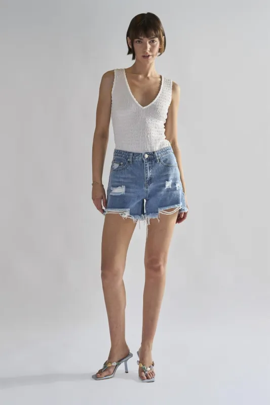 Authentic Mid Blue Ripped Denim Shorts sold by Glamorous