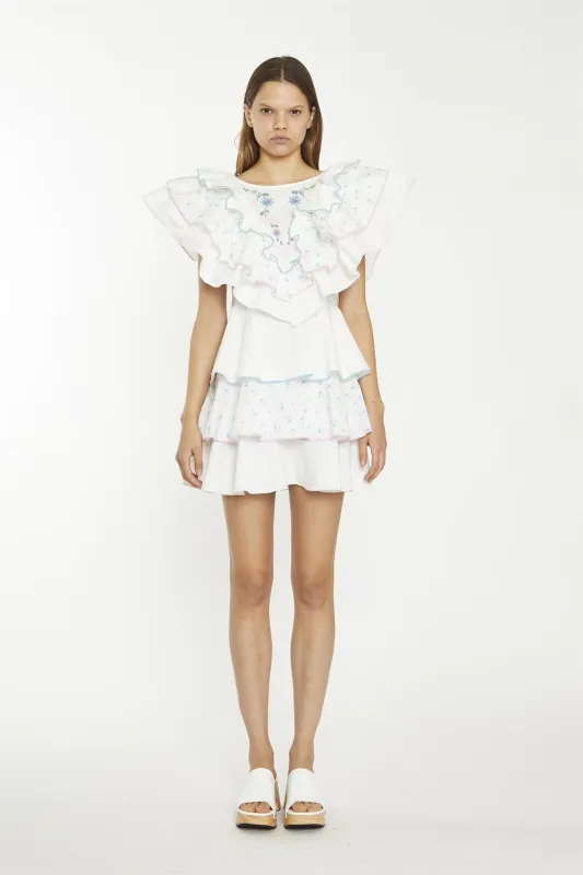 White/Blue/Pink Ditsy-Mix Tiered-Frill Mini-Dress made by Glamorous