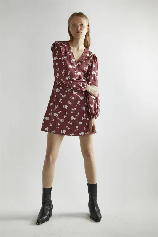 Burgundy-Floral Wrap Mini-Dress made by Glamorous