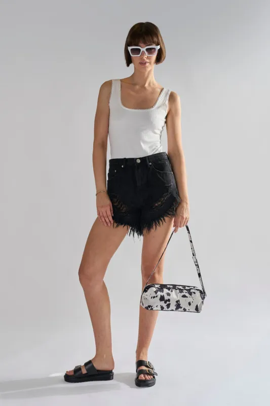 Black High-Waisted Distressed Denim-Shorts sold by Glamorous