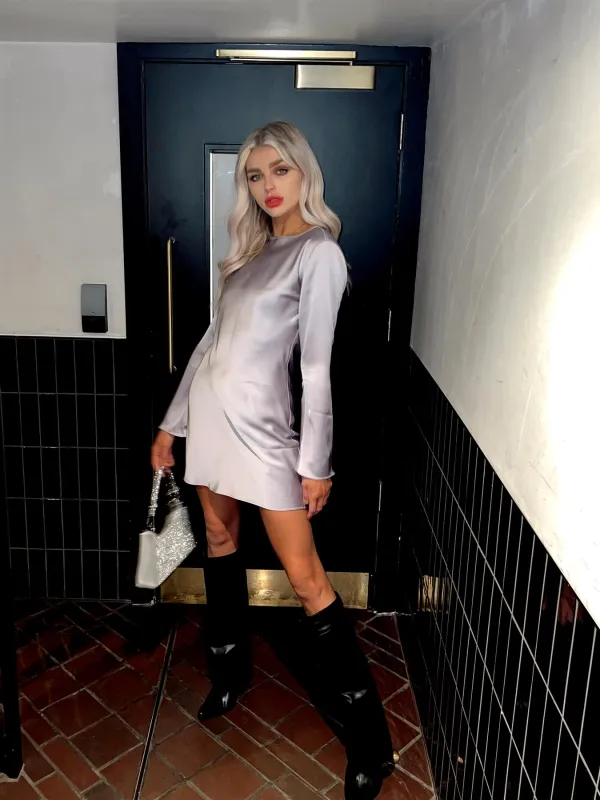 Lilac-Ash Satin Flared-Sleeve Mini-Dress sold by Glamorous