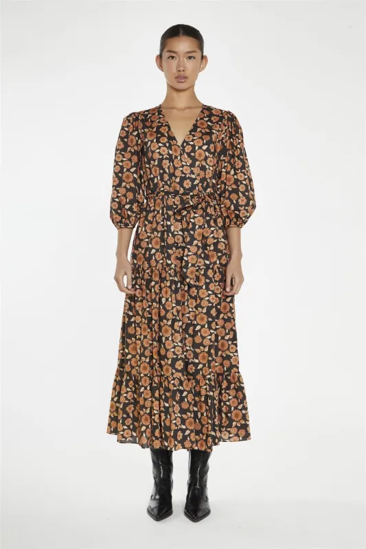 Burnt-Orange Daisy Wrap Midi-Dress sold by Glamorous