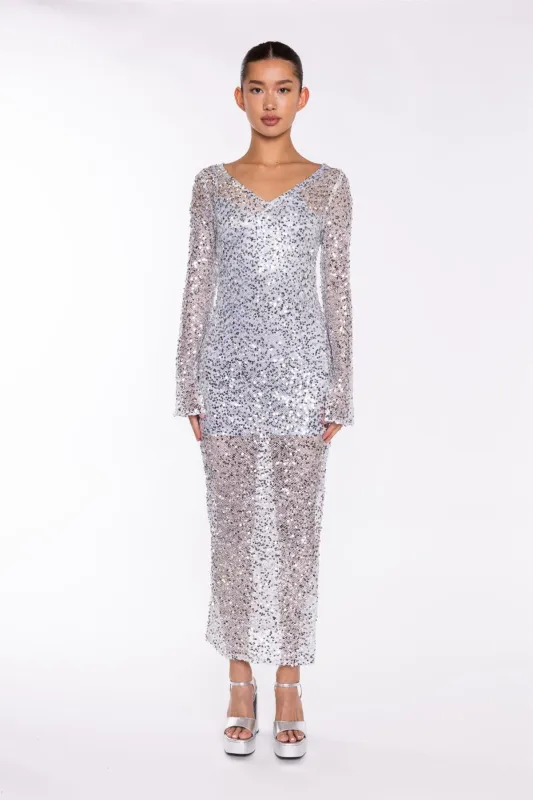 Silver Sequin-Mesh V-neck Maxi-Dress sold by Glamorous