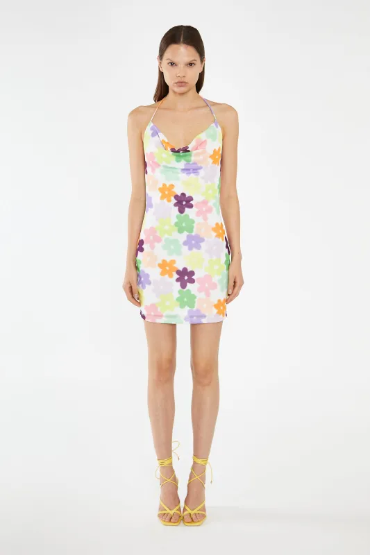 Multi-Flower Mesh Cowl Halterneck Mini-Dress made by Glamorous