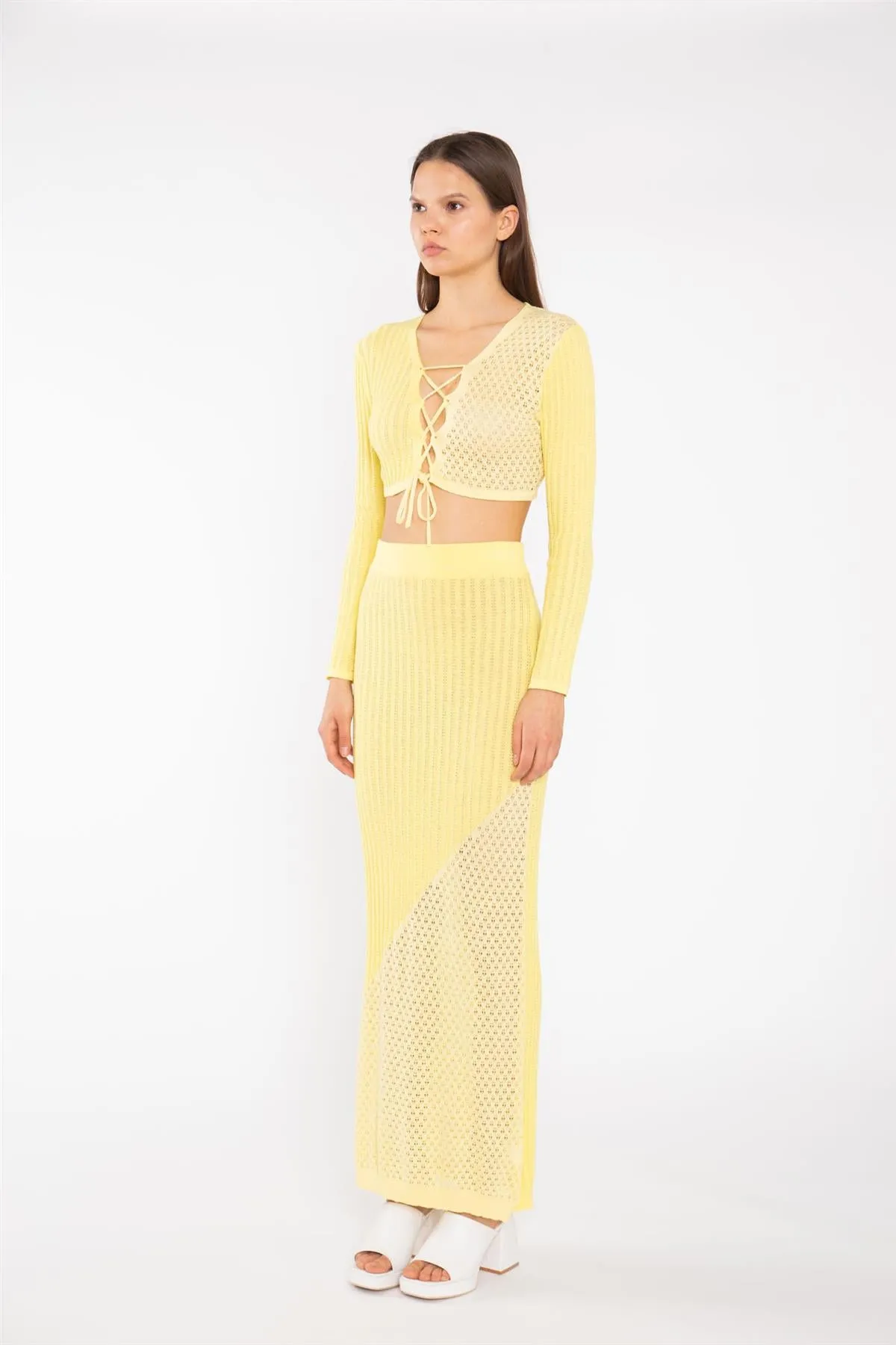 Lemon-Yellow Mix Knit Lace-Up Front Crop-Top sold by Glamorous product image thumbnail 4