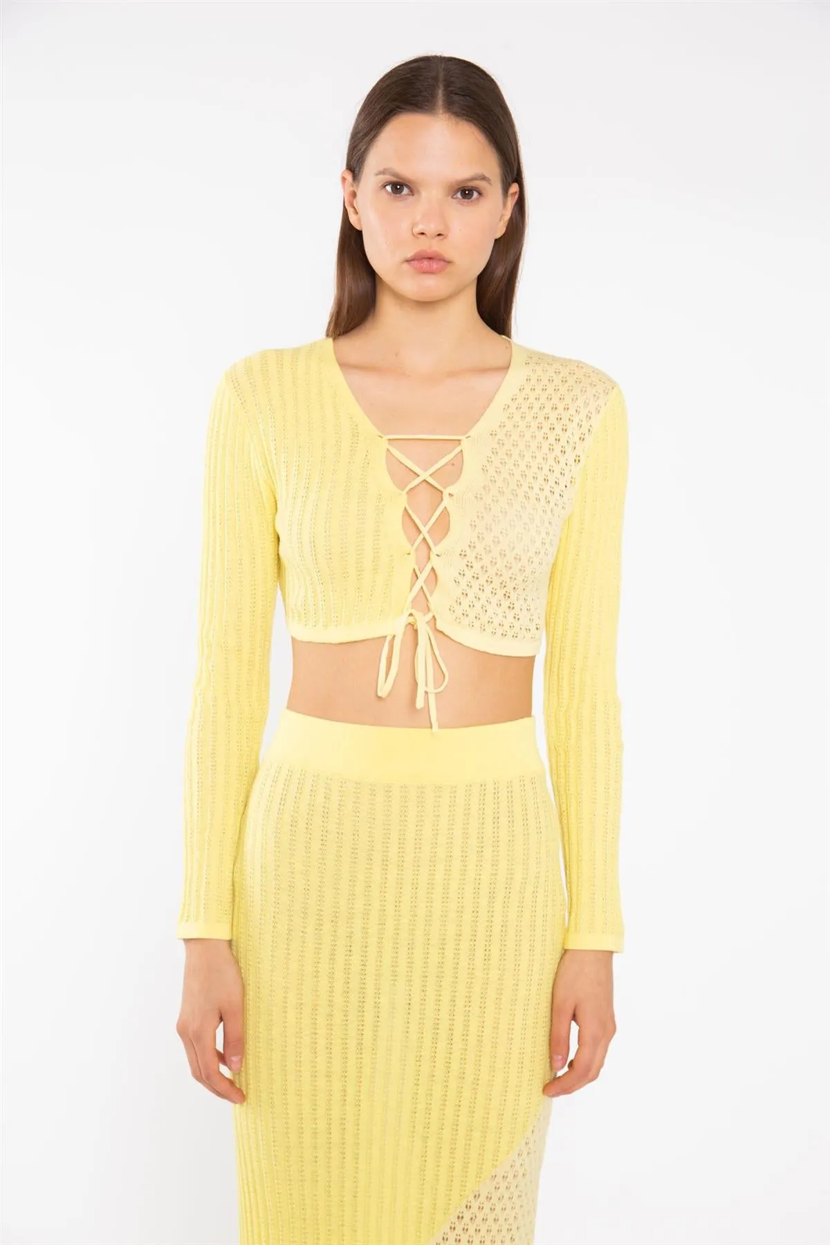 Lemon-Yellow Mix Knit Lace-Up Front Crop-Top sold by Glamorous product image thumbnail 3
