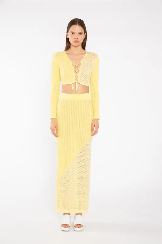 Lemon-Yellow Mix Knit Lace-Up Front Crop-Top sold by Glamorous