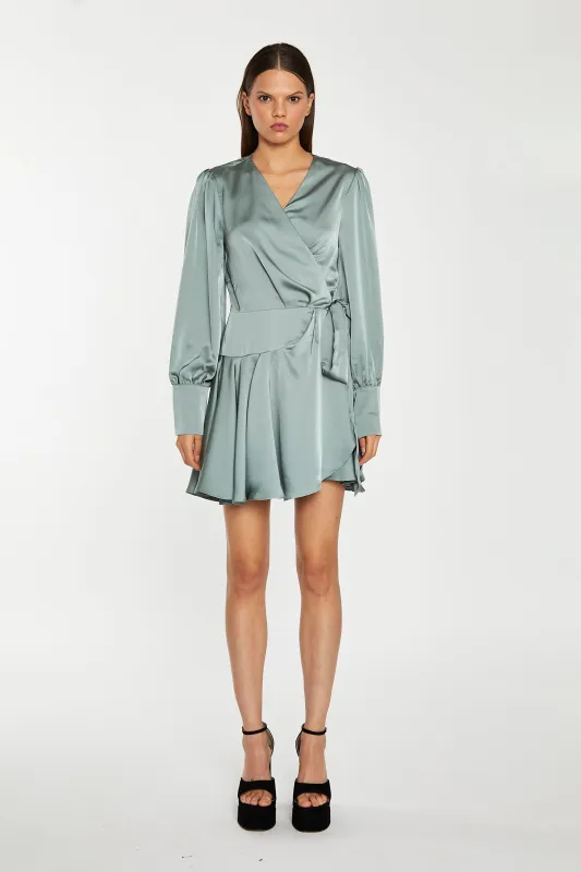 Dusty-Green Satin Wrap Mini-Dress sold by Glamorous
