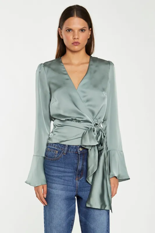 Dusty-Green Satin Wrap Front Blouse sold by Glamorous