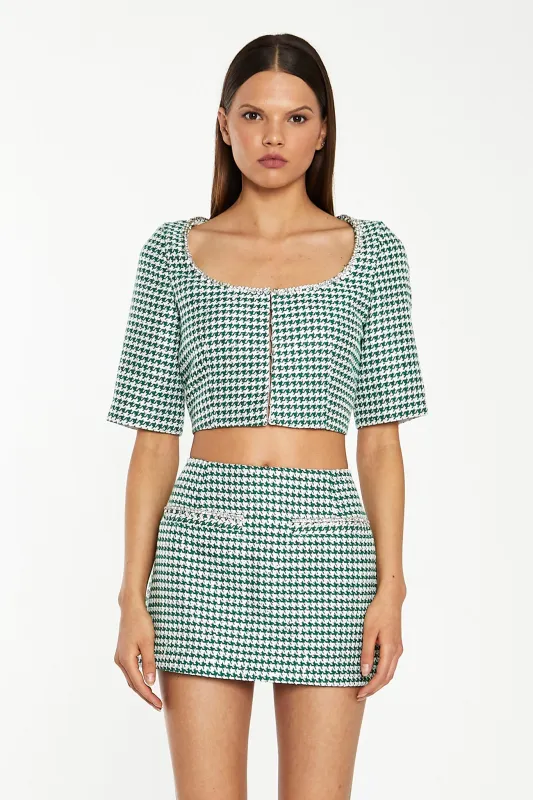 Green-White Houndstooth Round-Neck Diamante Trim Crop-Top sold by Glamorous