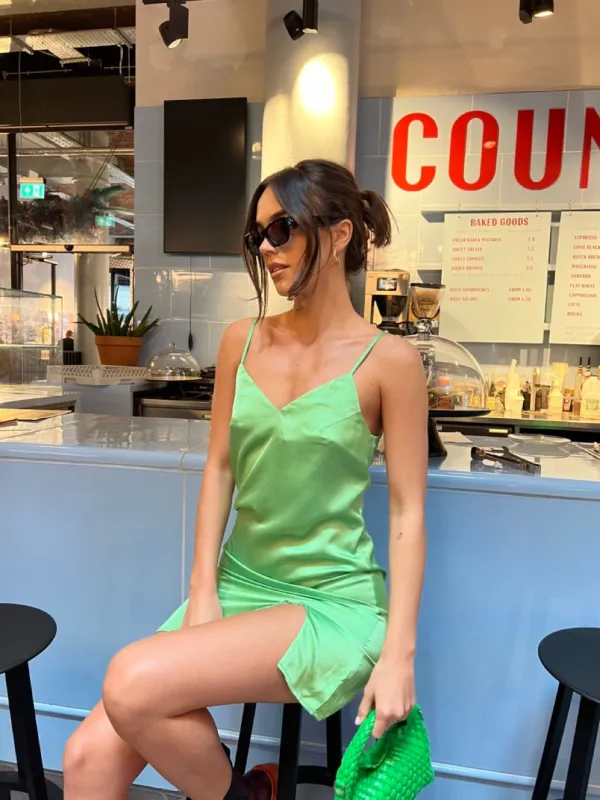 Green Satin Split Front Mini-Dress sold by Glamorous