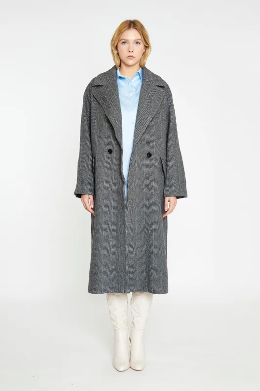 Charcoal-Chevron Oversized Double-Breasted Maxi-Coat sold by Glamorous