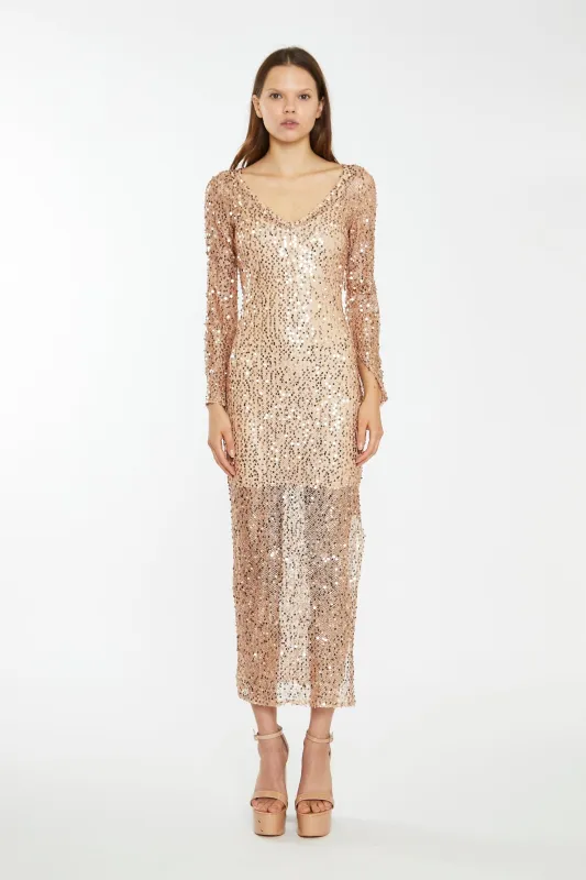 Rose-Gold Sequin Mesh V-Neck Maxi-Dress sold by Glamorous