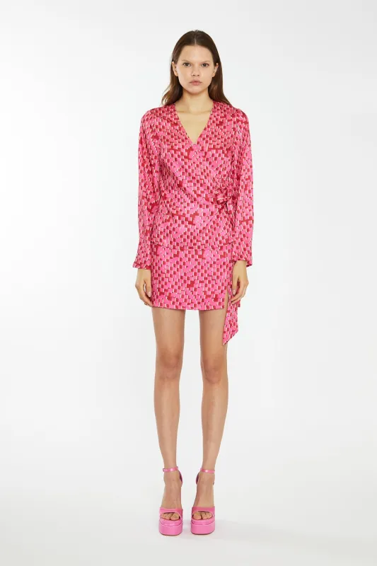 Pink Multi-Square Fluted Sleeve Wrap Top made by Glamorous