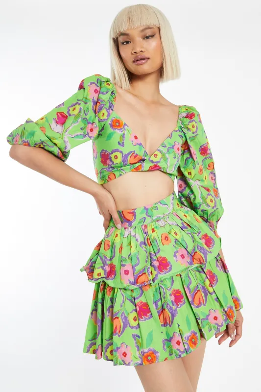 Neon-Green Floral Tiered Ruffle Mini-Skirt sold by Glamorous
