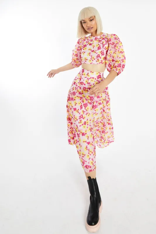 Pink-Yellow Organza Lace-Up Back Puff Sleeve Crop-Top made by Glamorous