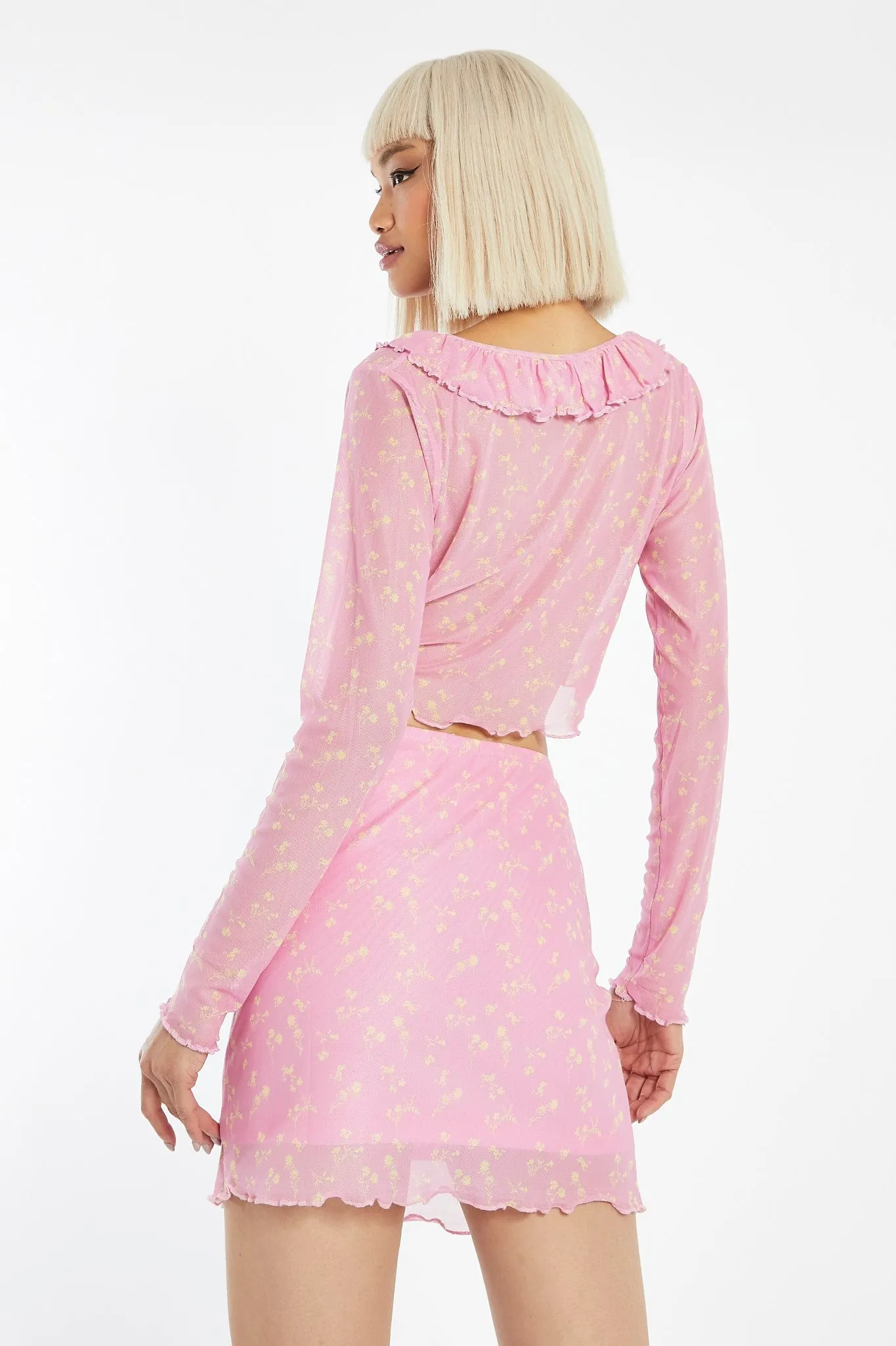Candy-Pink Floral Mesh Lettuce Hem Mini-Skirt sold by Glamorous product image thumbnail 2