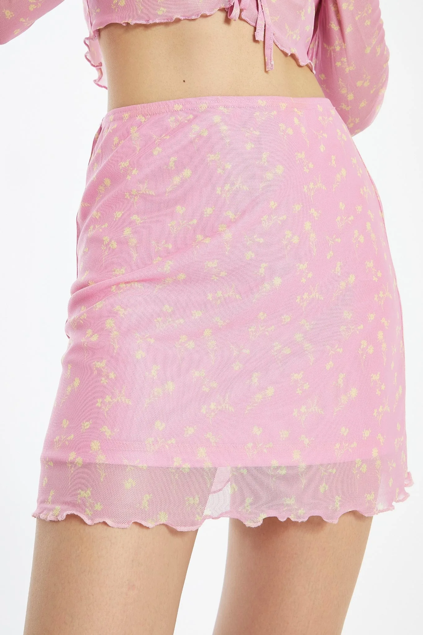 Candy-Pink Floral Mesh Lettuce Hem Mini-Skirt sold by Glamorous product image thumbnail 3