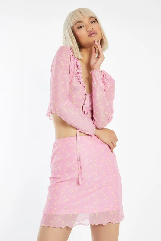 Candy-Pink Floral Mesh Lettuce Hem Mini-Skirt sold by Glamorous