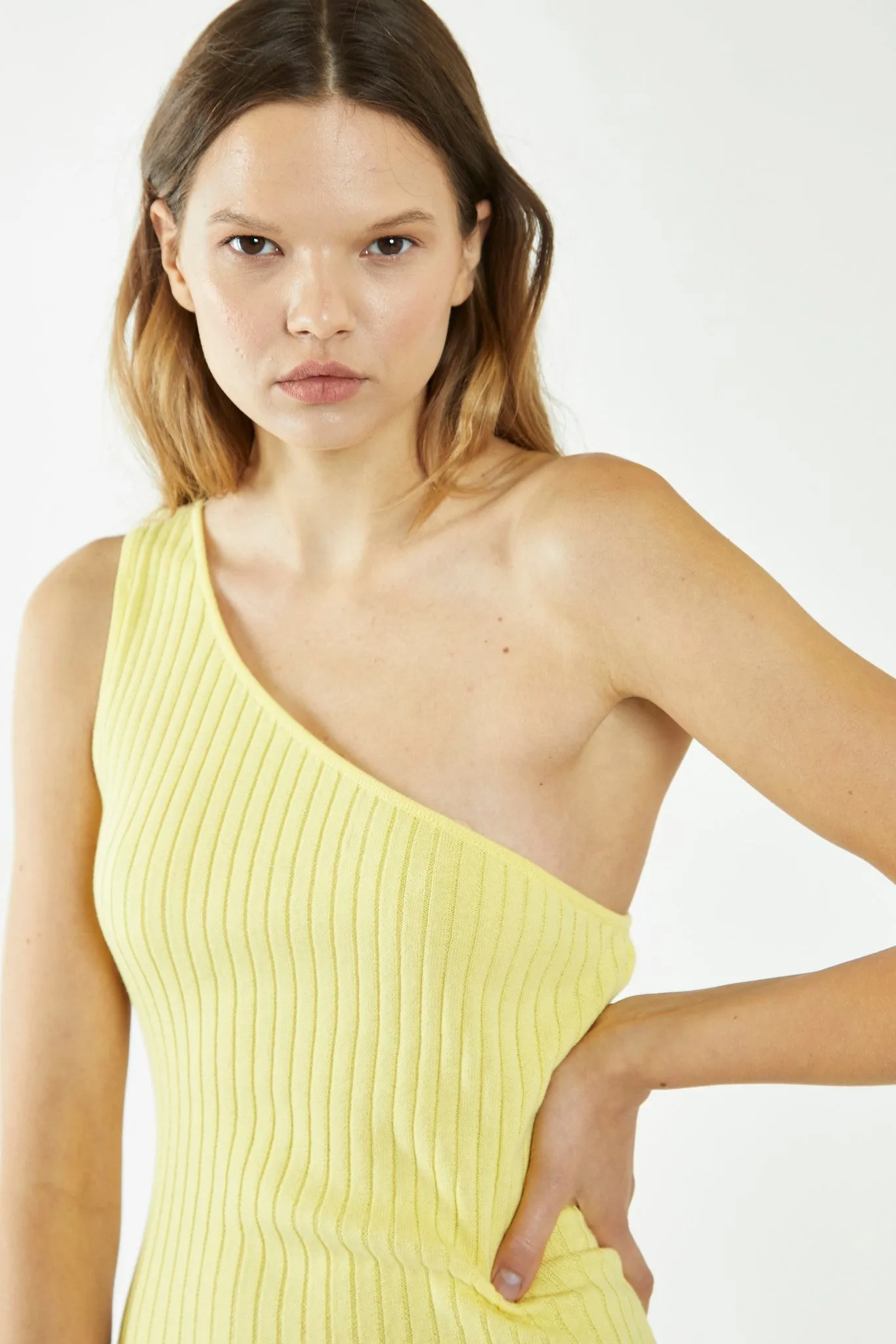 Banana-Yellow Rib-Knit Asymmetric Midi Dress sold by Glamorous product image thumbnail 3
