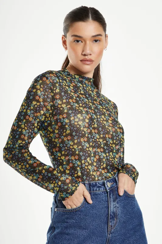 Glamorous Black Multi Floral Mesh Long Sleeve Top with High Neck sold by Glamorous