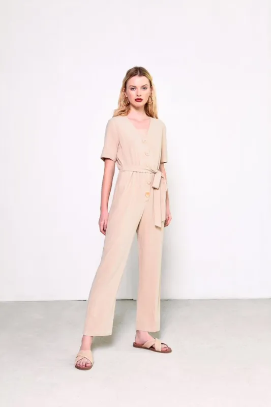 Glamorous V-Neck Button Up Jumpsuit in Light Stone made by Glamorous