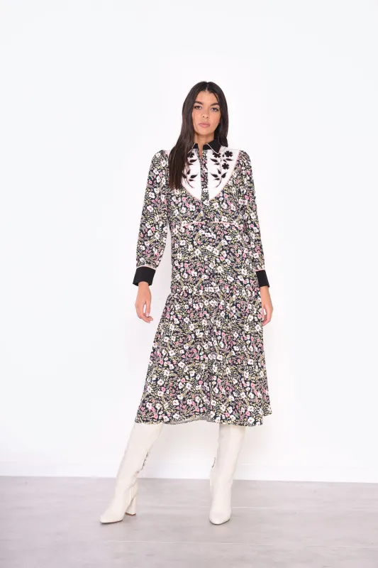 Glamorous Navy Folk Floral Black Collar Midi Dress sold by Glamorous