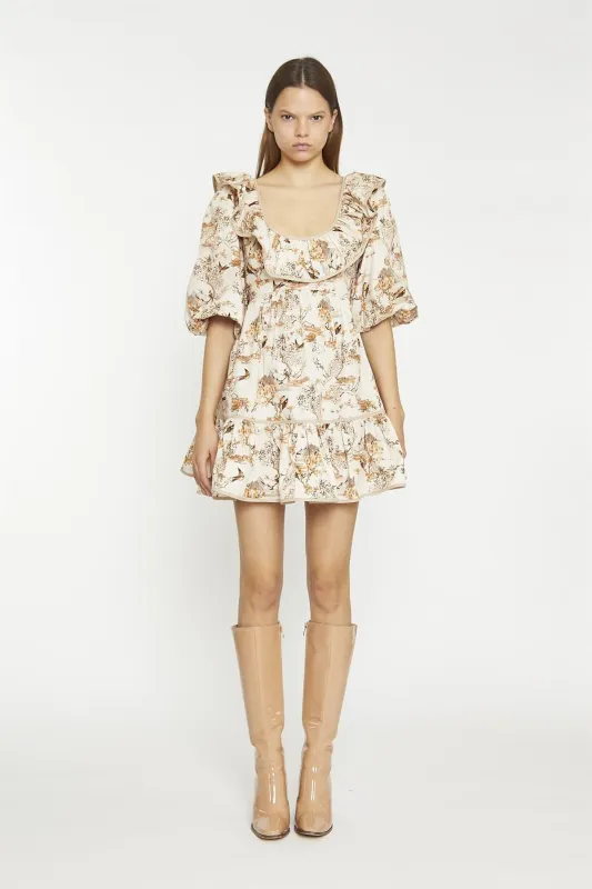 Tan-Multi-Blossom Ruffle-Neckline Mini-Dress sold by Glamorous