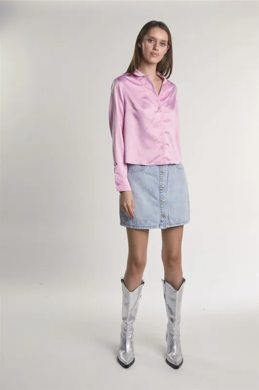 Pink-Sateen Button-Front Long Sleeve-Shirt sold by Glamorous