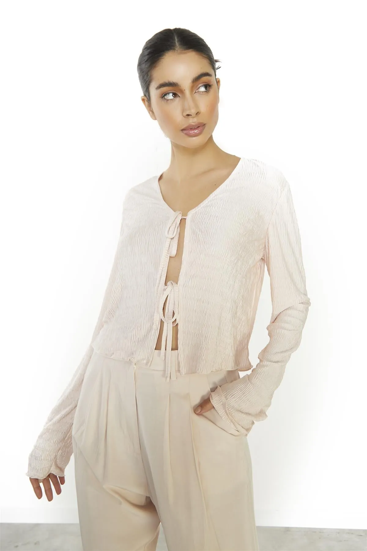 Soft-Pink-Plisse Front-Tie Long-sleeve-Top sold by Glamorous product image thumbnail 3