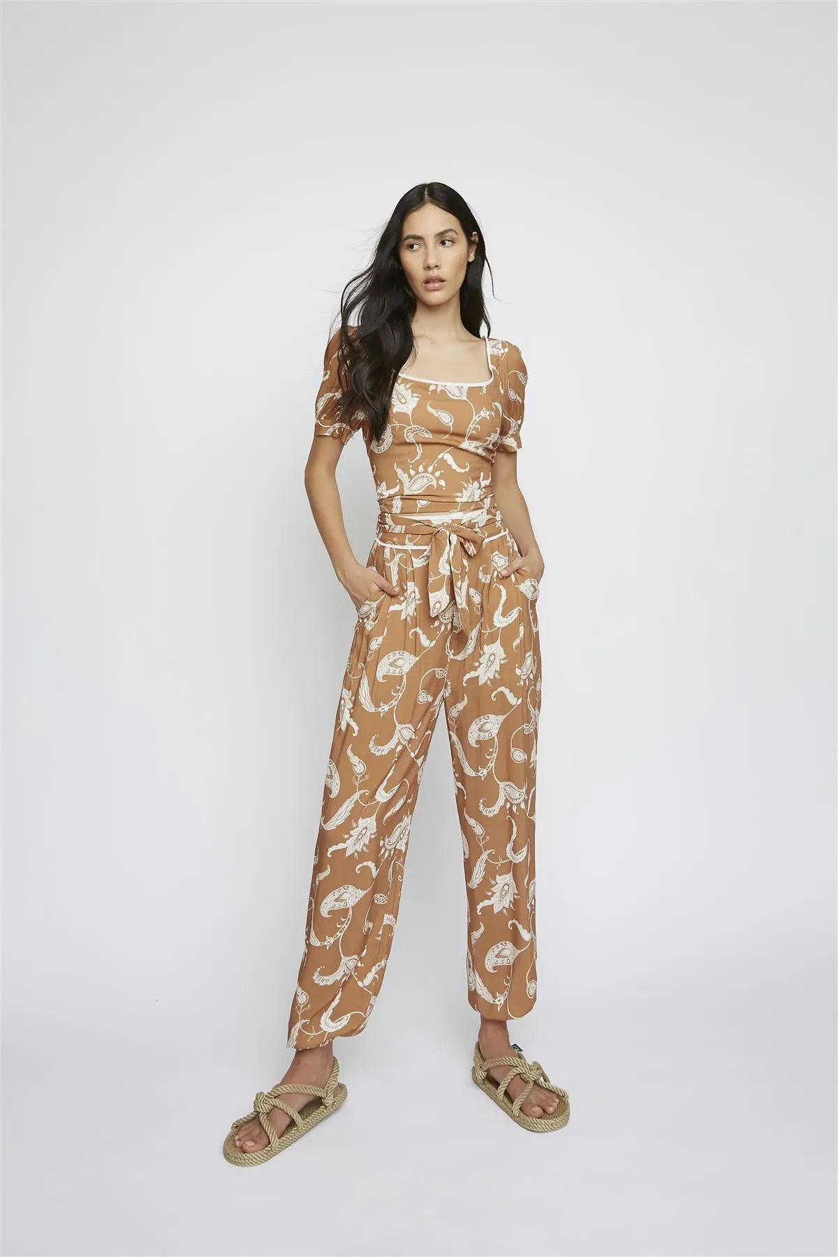 Brown-Paisley Tie-Back Crop-Top sold by Glamorous