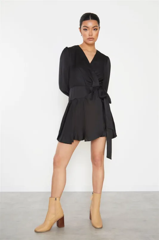 Black Front Wrap V-Neck Mini-Dress sold by Glamorous
