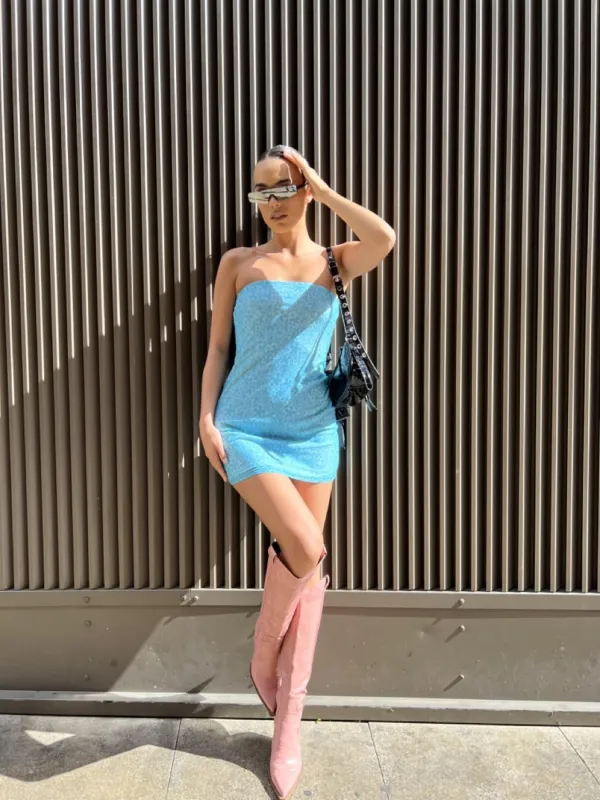 Blue Flower Mesh Bandeau Mini-Dress sold by Glamorous