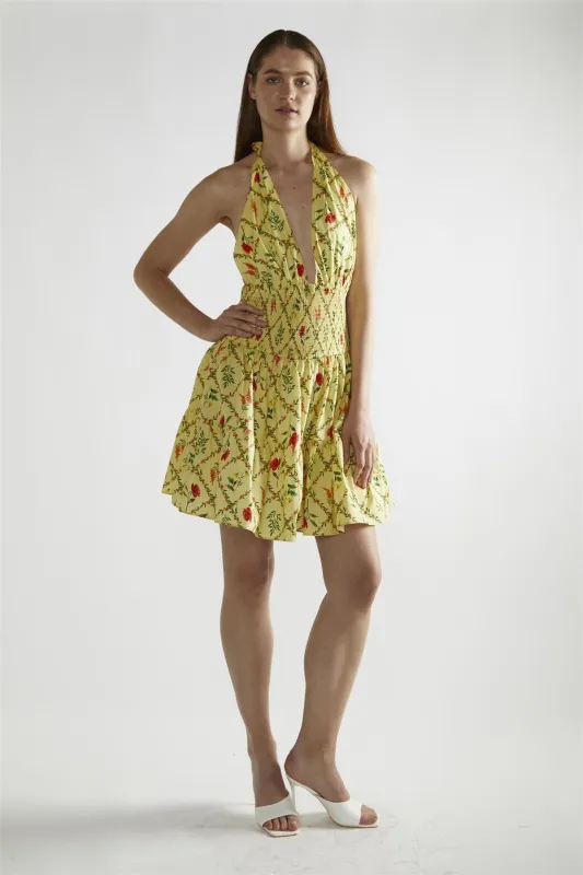 Yellow Floral-Lattice Halter-Neck Mini-Dress sold by Glamorous