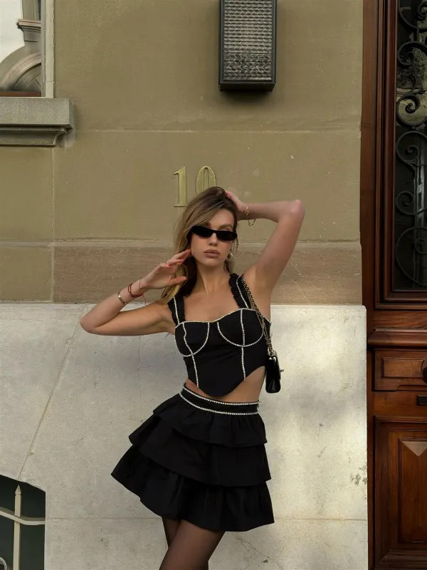 Black Diamante-Trim RaRa Mini-Skirt made by Glamorous