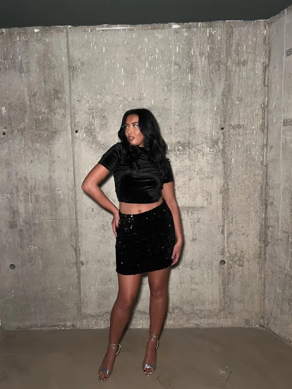 Black-Sequin Velvet Mini Skirt sold by Glamorous