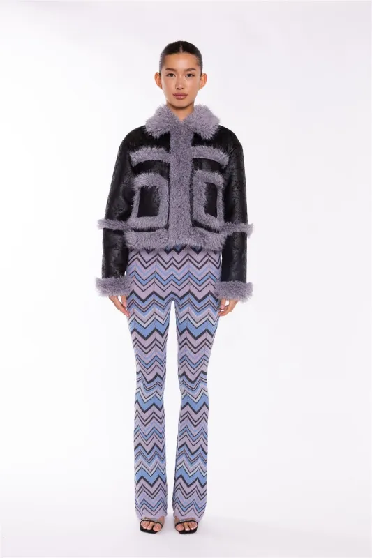 Black Steel-Grey Shearling Trim Cropped-Jacket sold by Glamorous