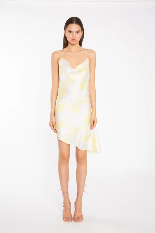 Yellow Print-Satin Asymmetric Cowl-Neck Mini-Dress made by Glamorous