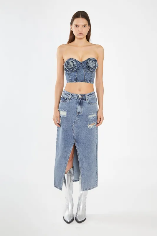 Heavy-Vintage Wash Denim Corsage Crop-Top made by Glamorous
