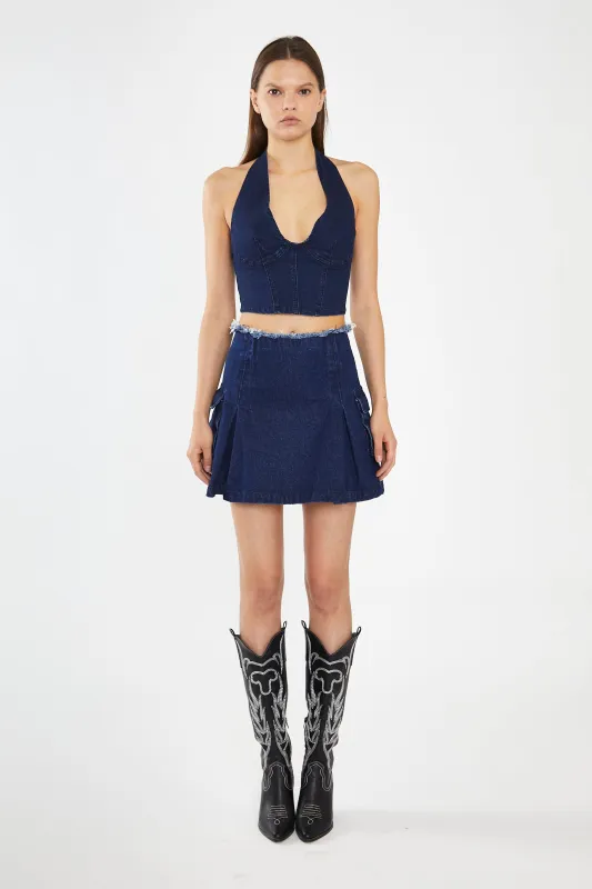 Indigo-Blue Denim Cargo Mini-Skirt sold by Glamorous