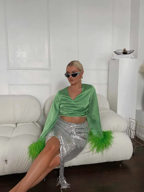 Glamorous Silver Sequin Fringe High Waisted Midi Skirt made by Glamorous