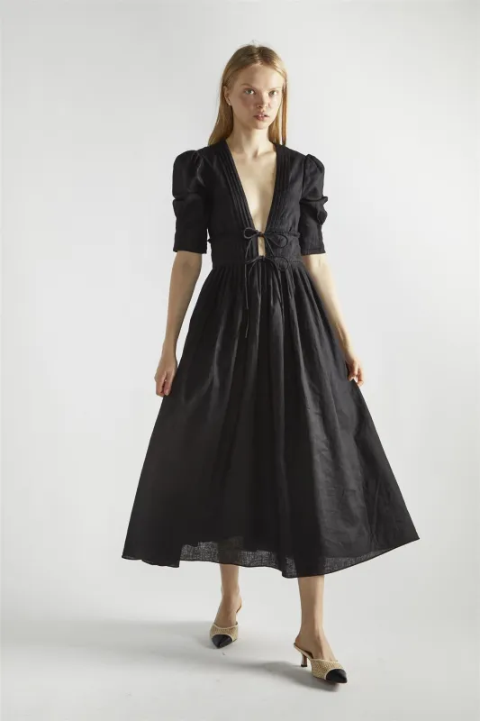 Black Deep-V-Neck-Skater Midi-Dress made by Glamorous