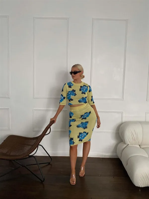 Yellow Blue Rose Bodycon Midi-Skirt sold by Glamorous