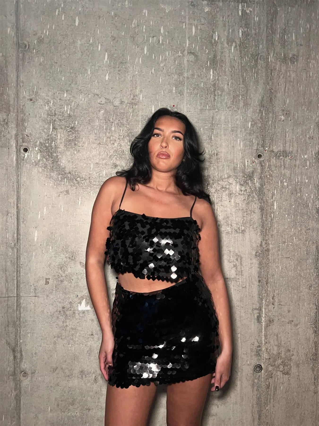 Black Large-Sequin Low-Waisted Mini-Skirt sold by Glamorous