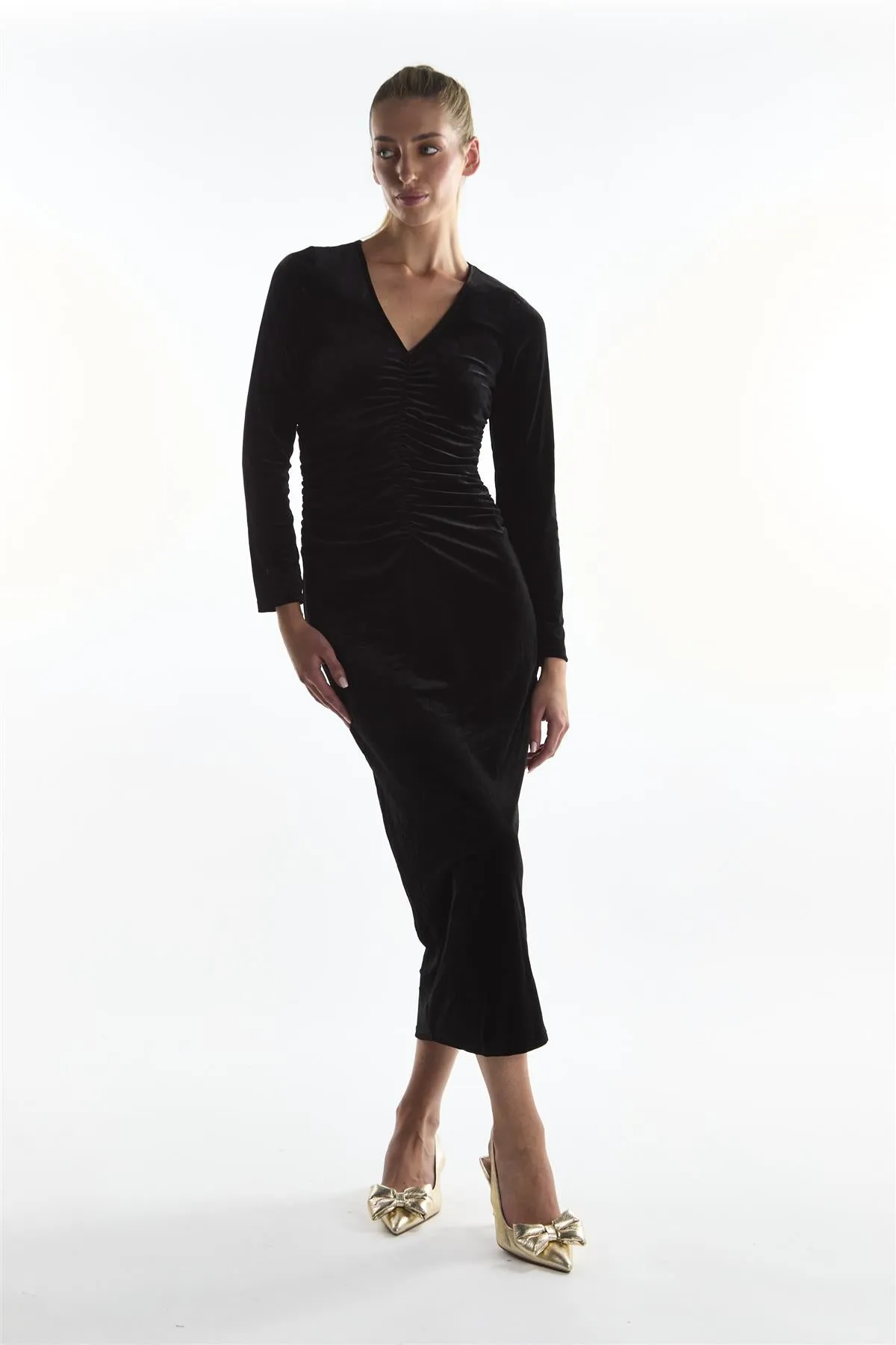 Ruched Front Maxi Dress - Black Velvet sold by Glamorous