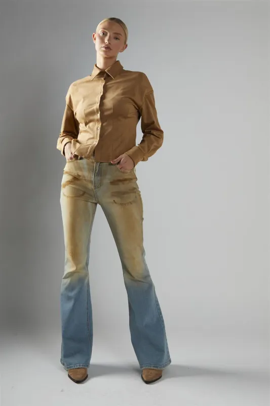 Camel Faux Suede Button Up Fitted Shirt sold by Glamorous